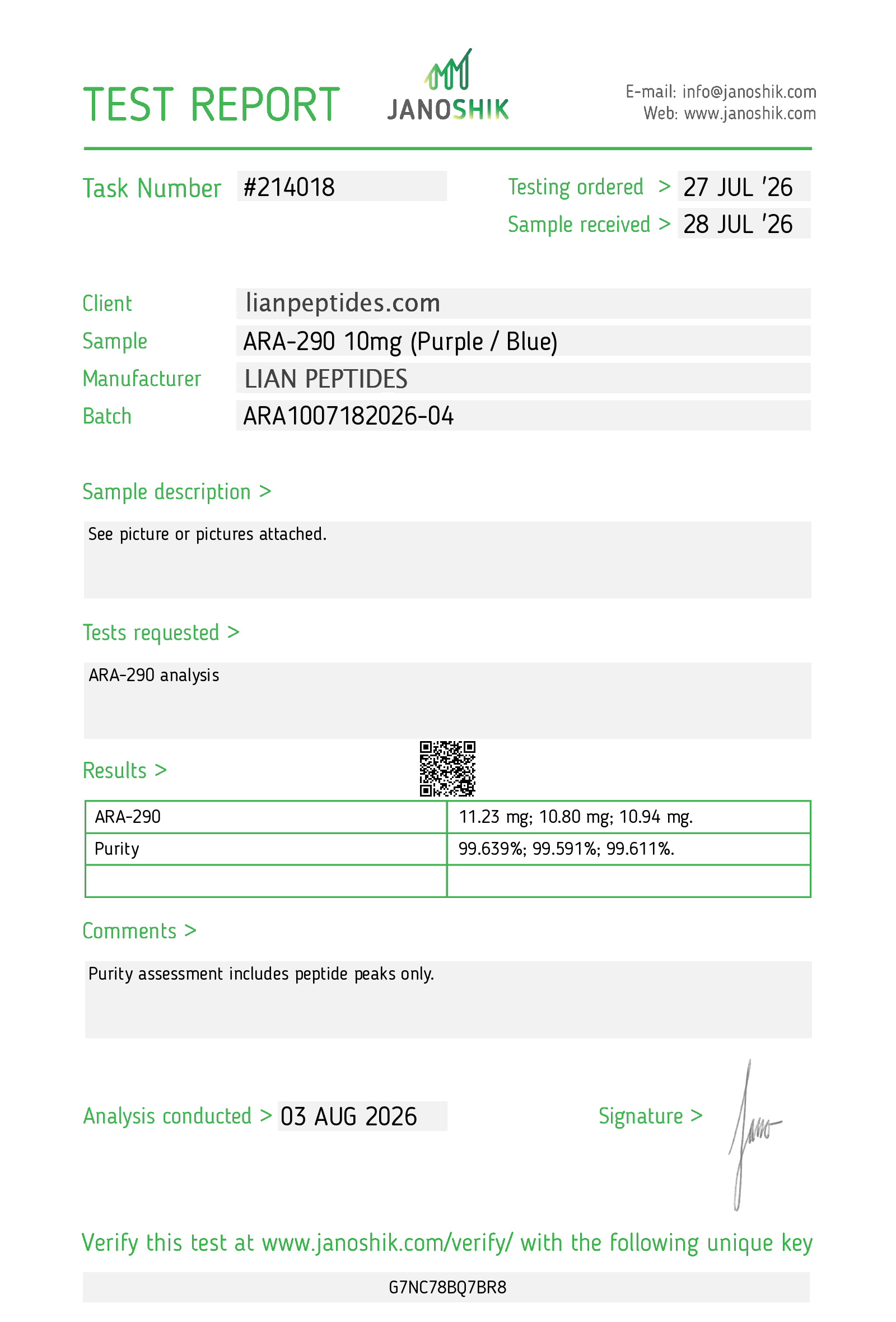 ARA-290 10mg certificate of analysis