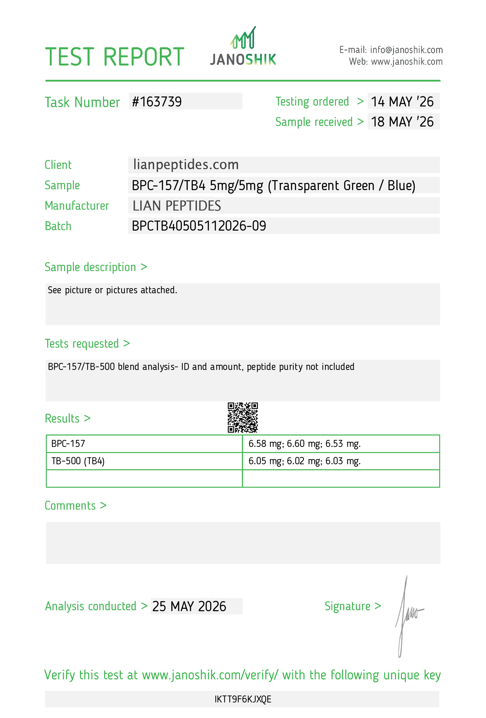 BPC-157 / TB4 Blend 5mg/5mg (Transparent Green / Blue vial) certificate of analysis