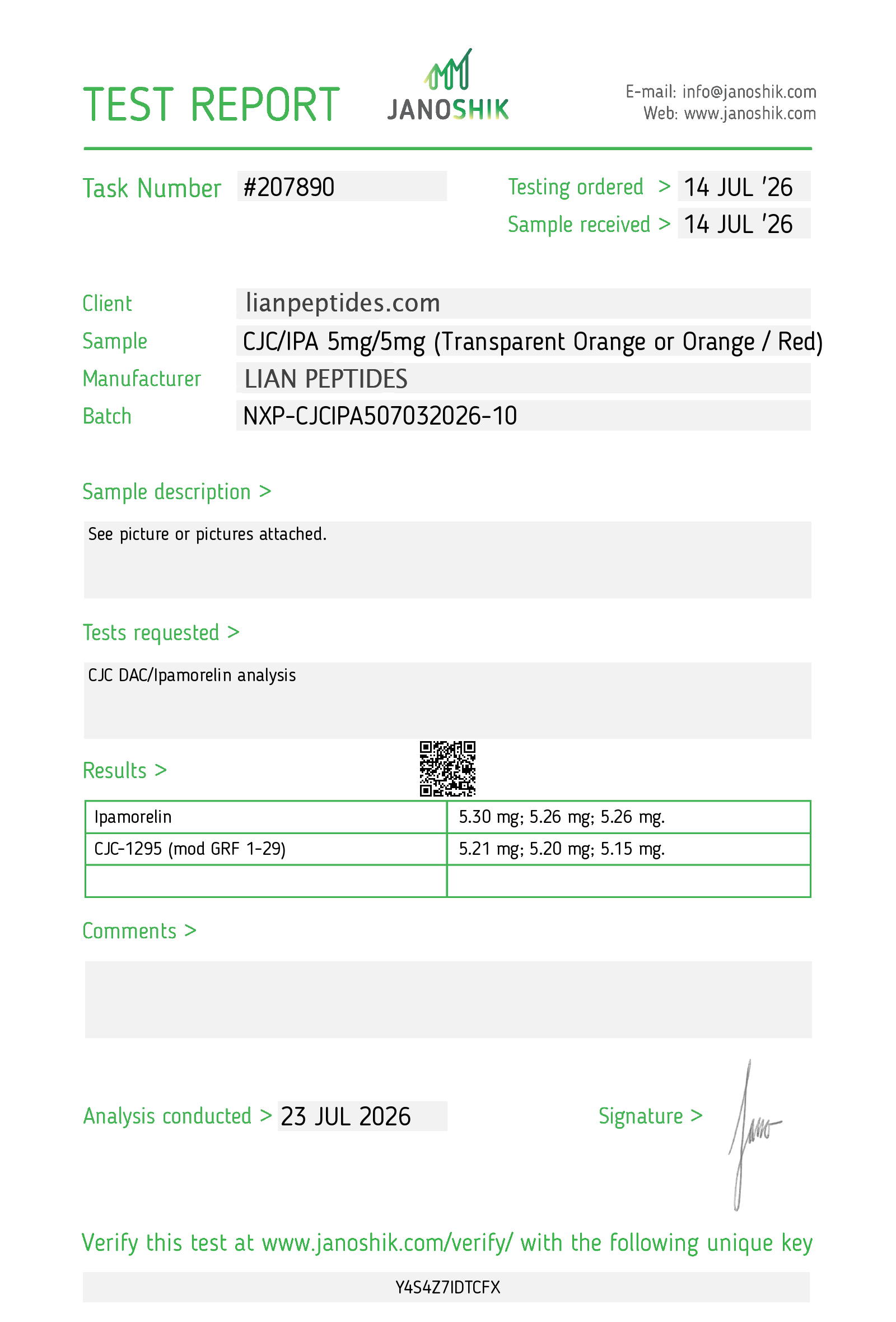 CJC-1295 / Ipamorelin Blend 5mg/5mg certificate of analysis