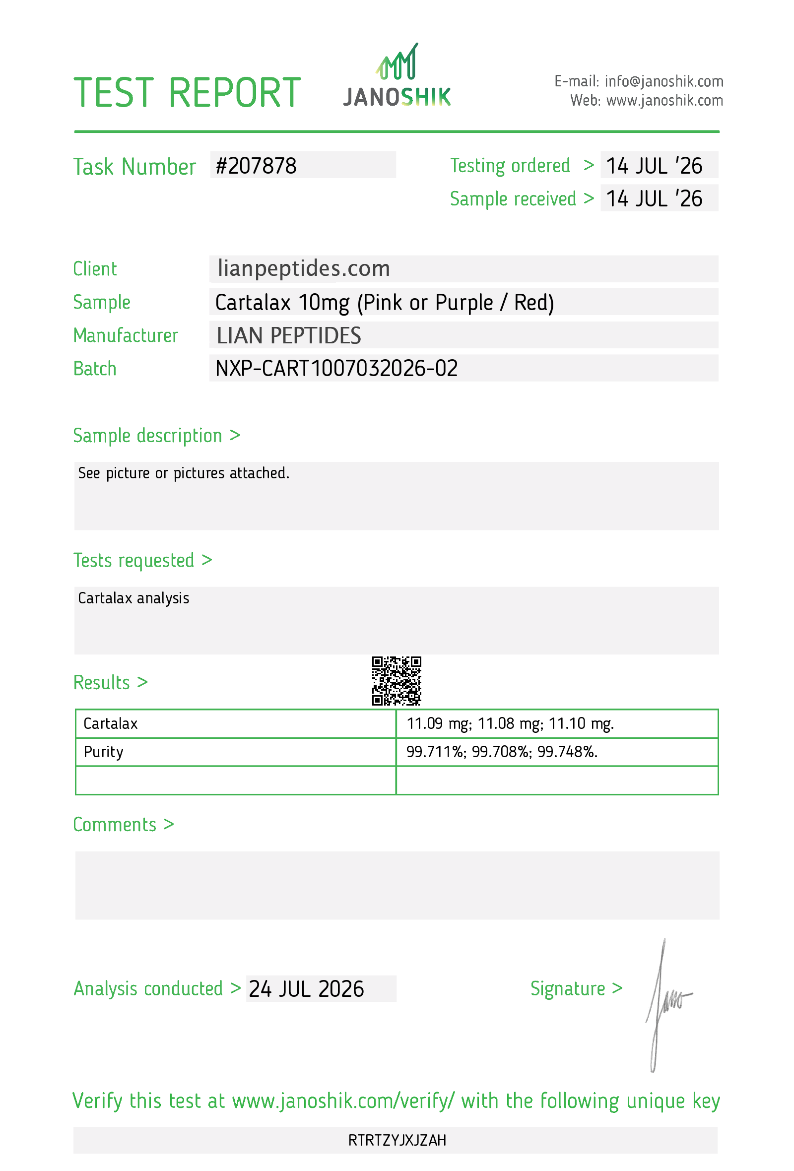 Cartalax 10mg certificate of analysis