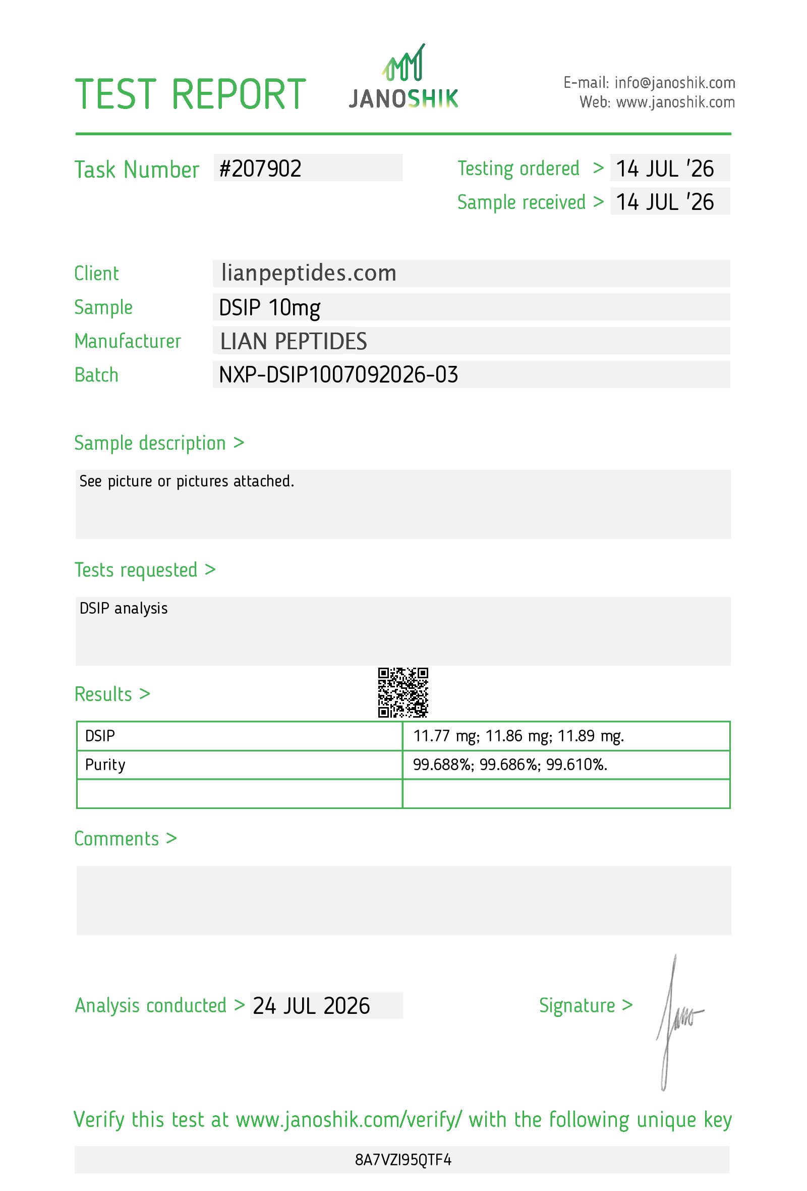 DSIP 10mg certificate of analysis