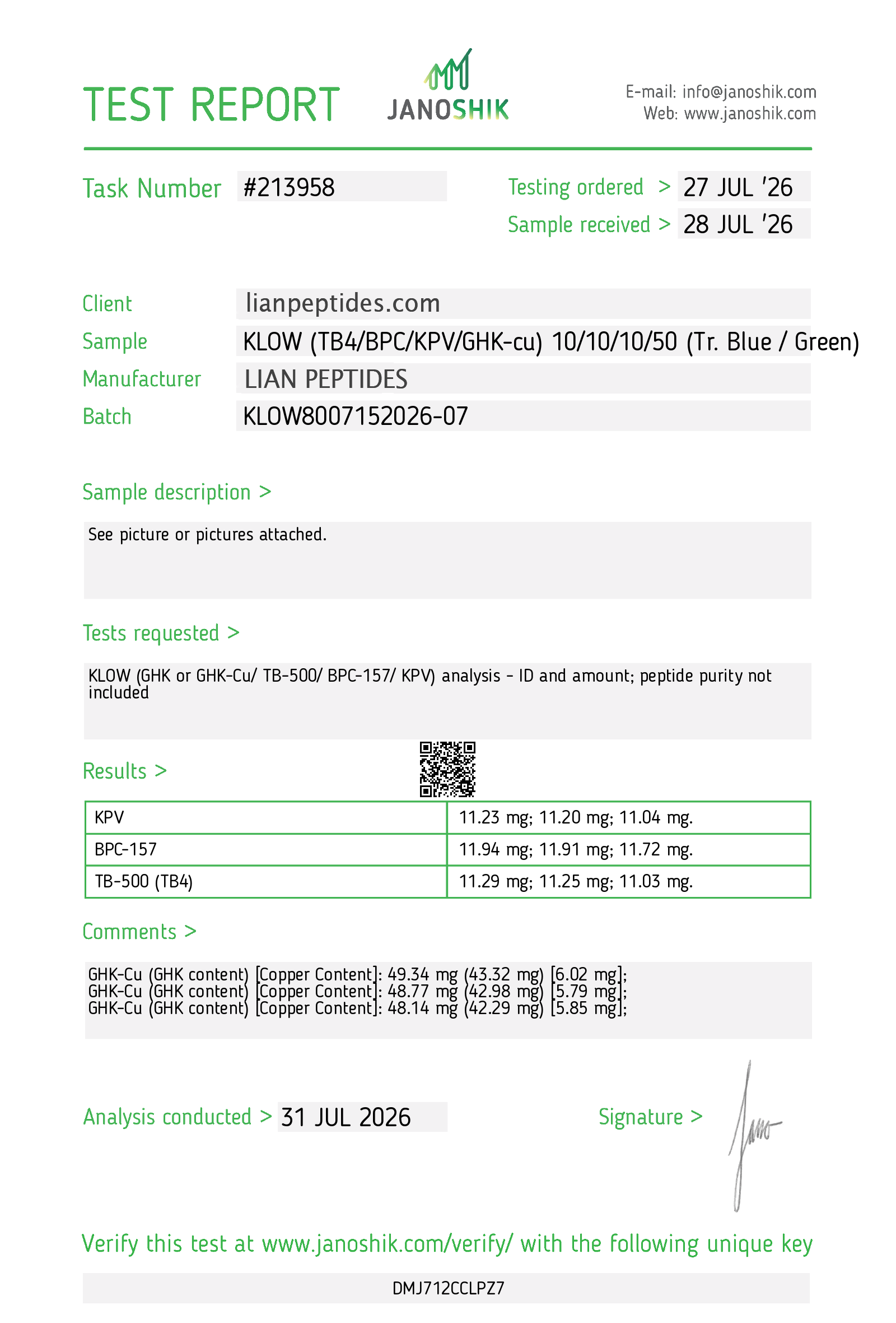 KLOW Blend (TB4/BPC-157/KPV/GHK-Cu) 10/10/10/50mg certificate of analysis