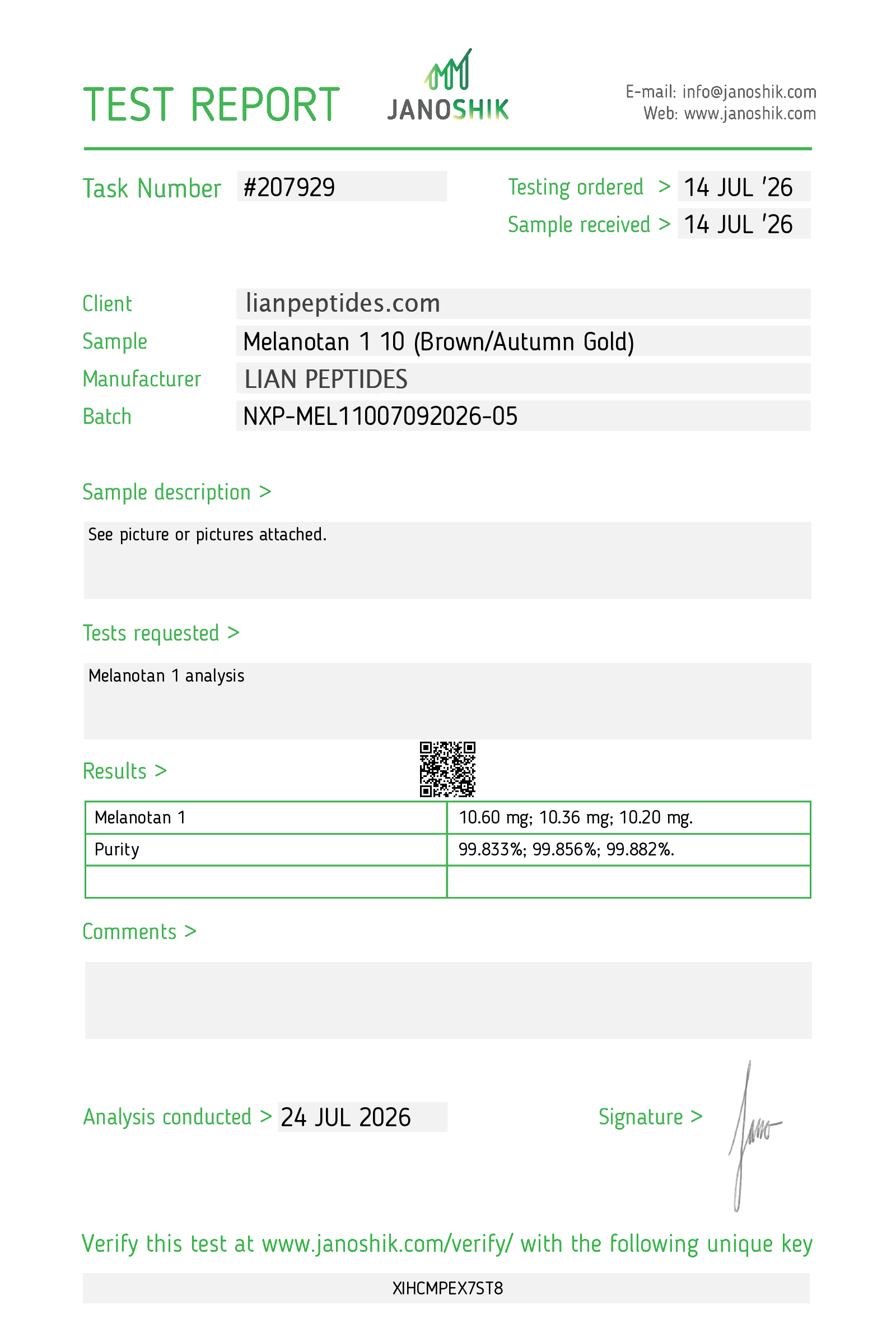 Melanotan 1 10mg certificate of analysis