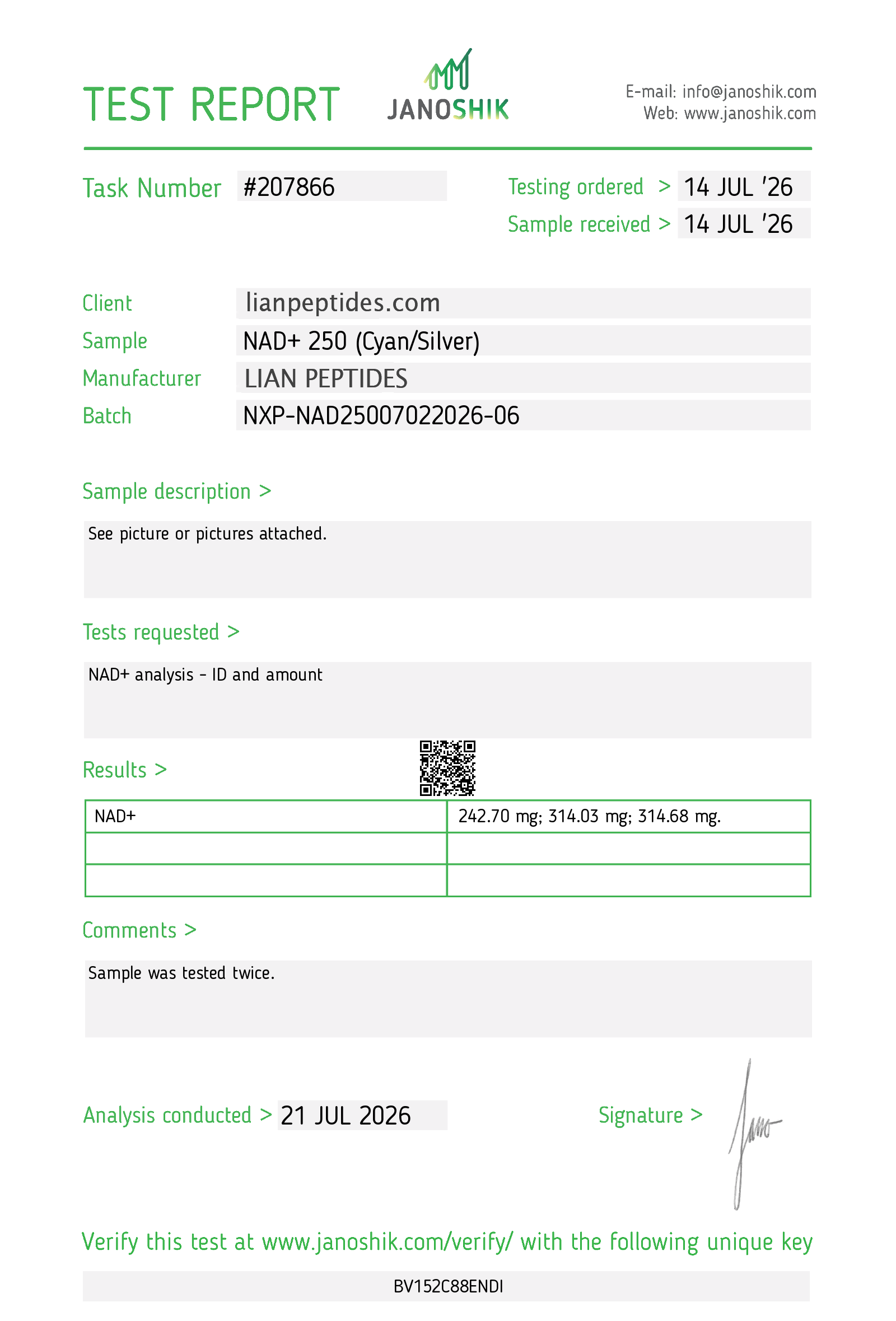 NAD+ 250mg certificate of analysis