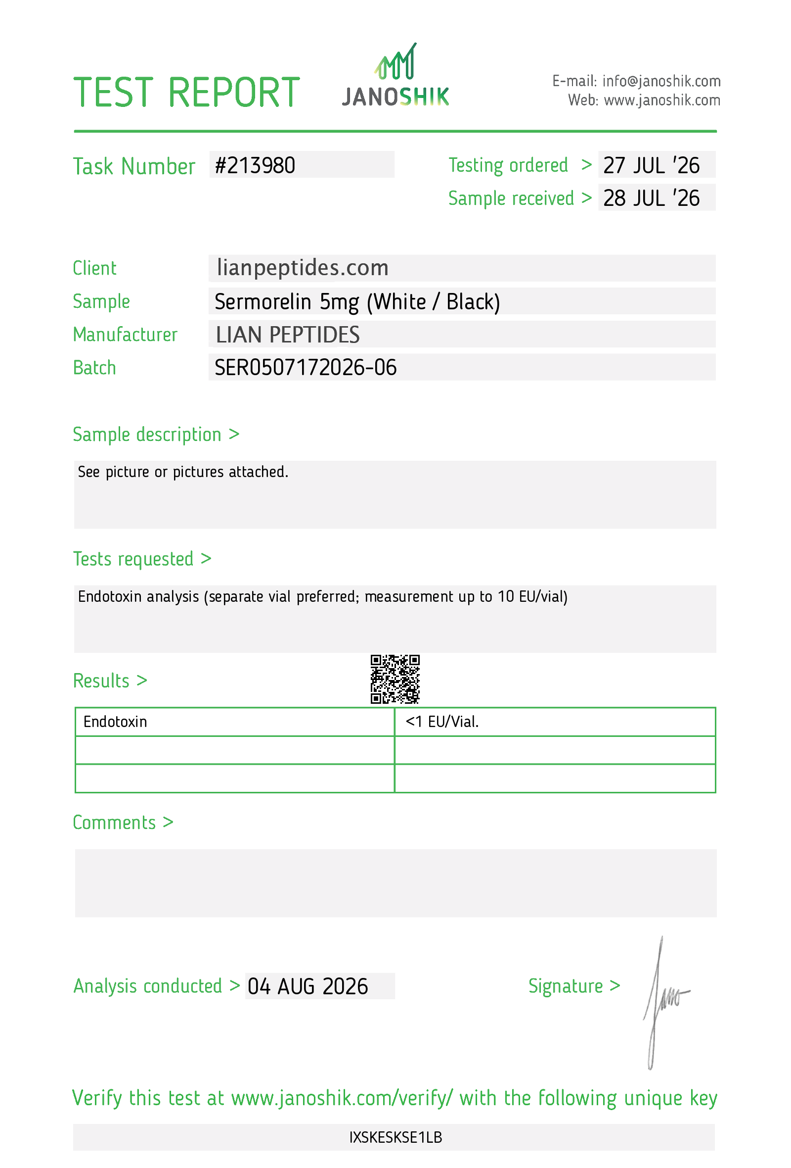 Sermorelin 5mg certificate of analysis