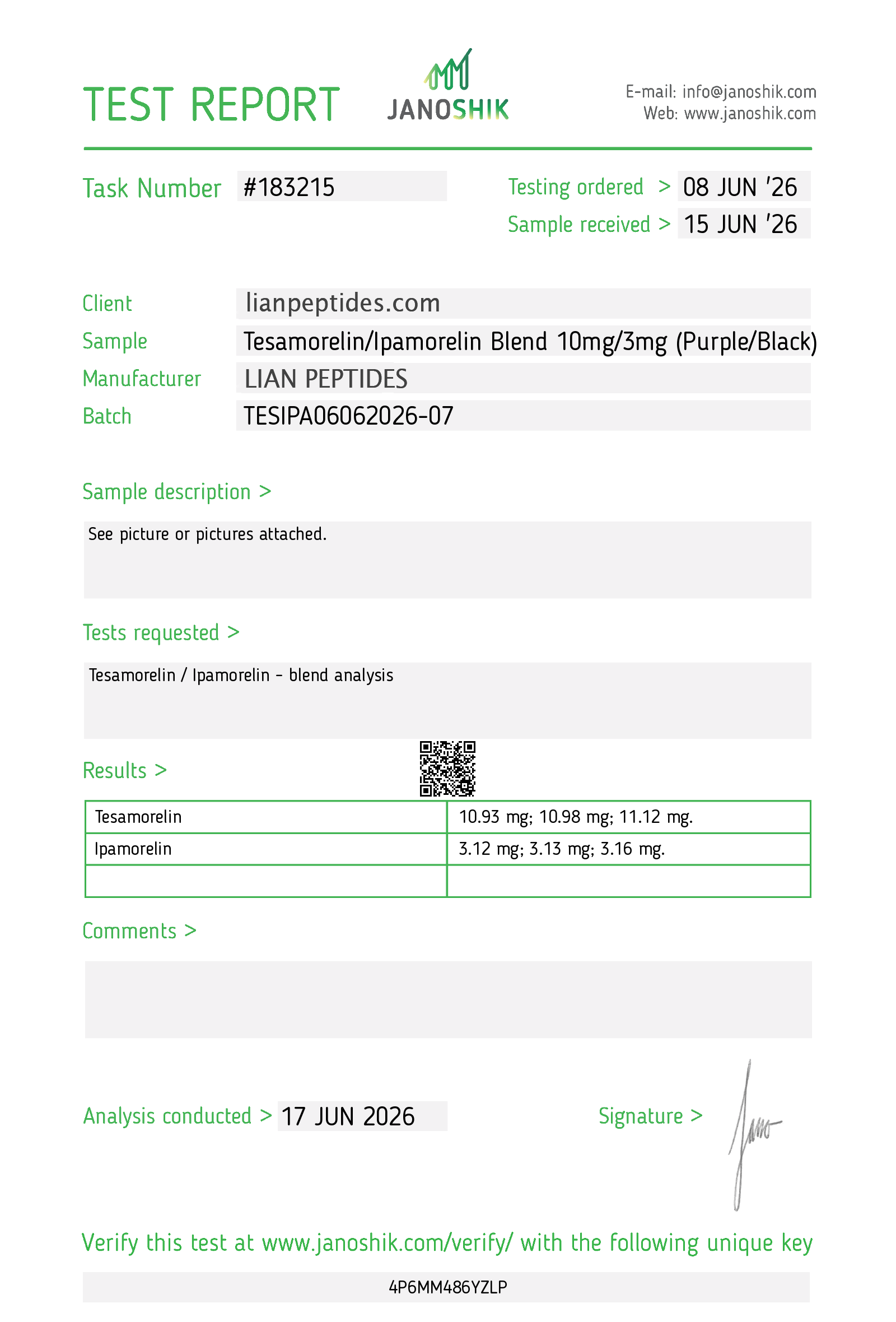 Tesamorelin / Ipamorelin Blend 10mg/3mg certificate of analysis