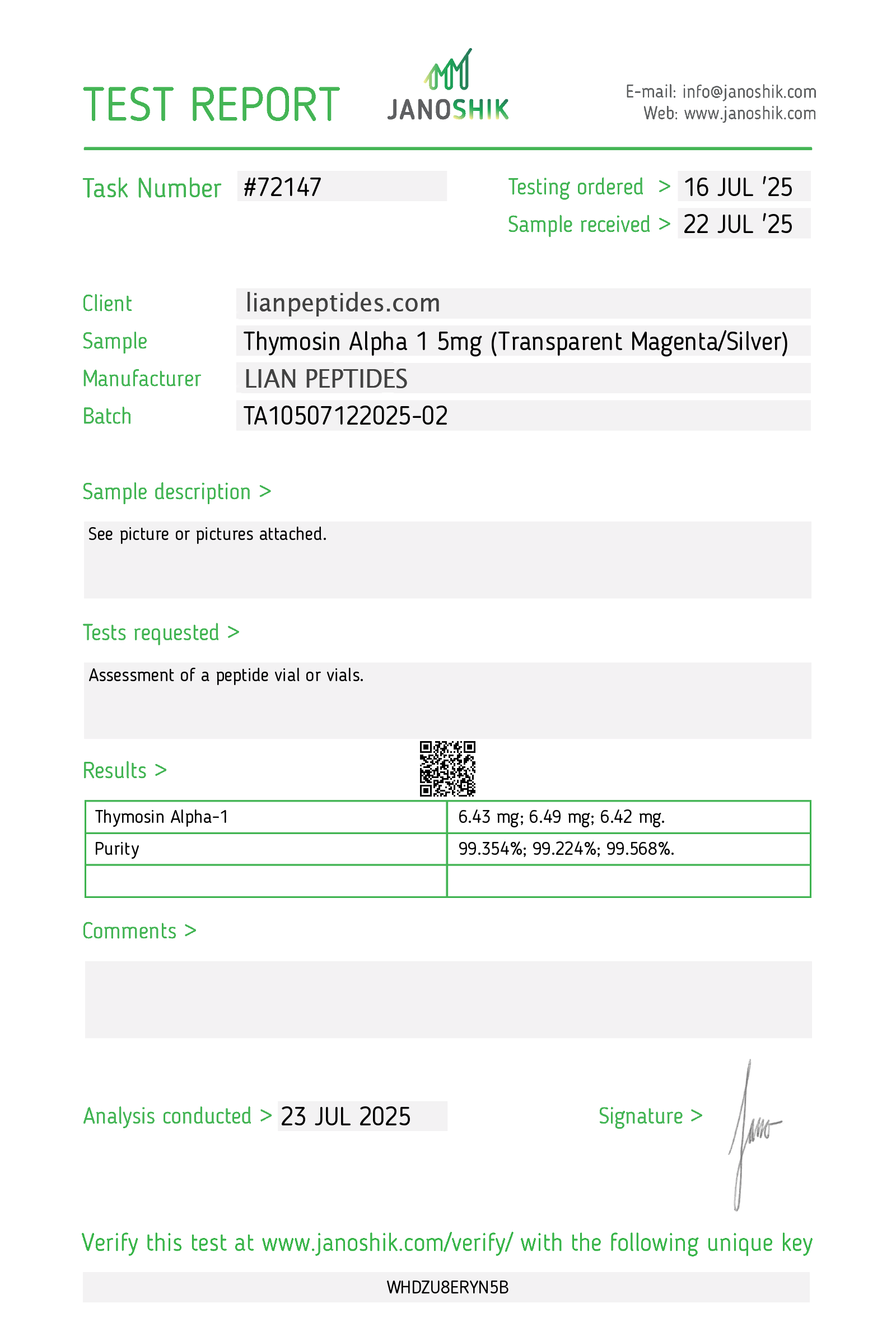 Thymosin Alpha-1 5mg certificate of analysis